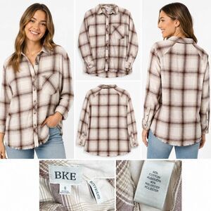 BKE Plaid Button Front Shirt Frayed Hem Women’s S